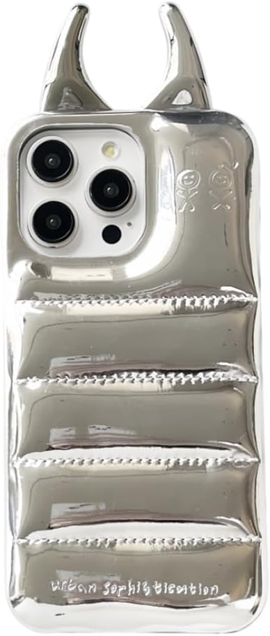 iPhoneケース、高級光沢パファーデビルズホーンバックカバーデザインソフト耐衝撃フォンケースシルバー、iPhone 17 Pro Max