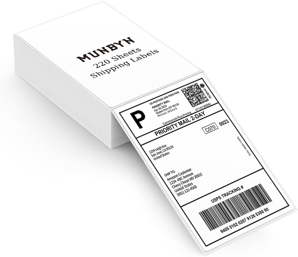 MUNBYN 102 x 152 mm Thermal Direct Labels, 220 SheetsStack, DHL Labels Folded Shipping Label Paper for Thermal Printers, Permanent Adhesive for Shipping Packages 4 x 6 Inches