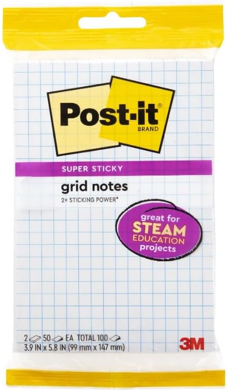 Post-it 超付箋 付箋パッド 2枚 4 x 6インチ 寮、自宅、オフィスでの整理に最適 白と青のグリッドノート