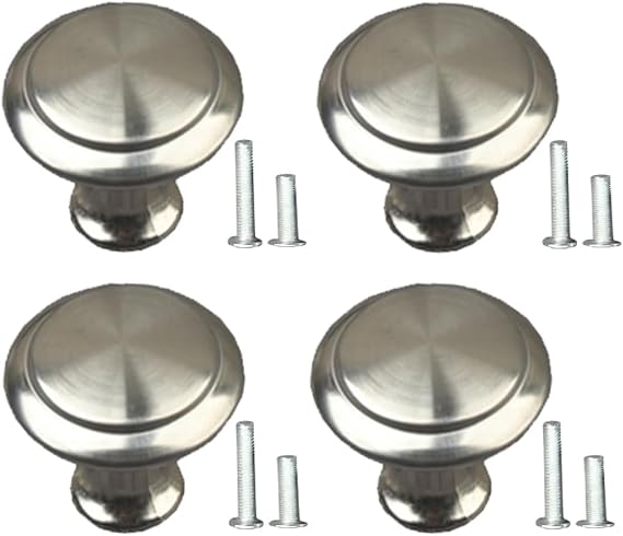 4 Pack Cabinet Door Knobs Stainless Steel 27mm Diameter Metal Round Drawer Wardrobe Pull Handles with 8 Screws for Cupboard Wardrobe Furniture, Silver