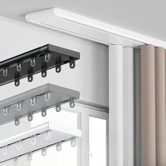 Double Curtain Track, Ceiling Mounted Aluminum Track Curtain Rail with Silent Rollers for Room Divider Curtains Bedroom Living Room Closet Sliding Door Hospital Hotel Custom Size
