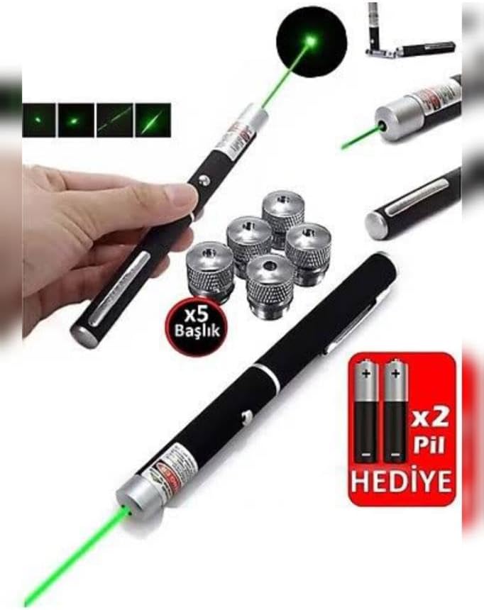 Lazer pilli yeşil 5 başlık ve 2 pil hediyeli