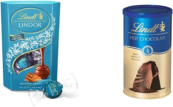 Lindt Lindor Chocolate Truffles Box, Salted Caramel, Approximate 16 Balls, 200 g - Chocolate Balls with a Smooth Melting Filling & Hot Chocolate, 300g
