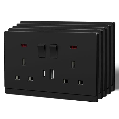 BSEED Double Socket with USB C,Tactile Finish Switched Wall Sockets,13A Electric Power Outlet,Individual Control & LED Indicator,Designer Wall Plate,Double-5 Pack,146mm Black
