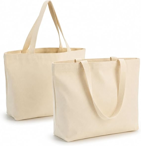 Canvas Tote Bag, 2 Pack White Cotton 42x32x10cm, Reusable Blank for Crafts