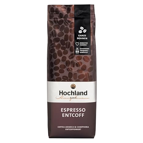 Highland Coffee - Espresso Entcoff (250g) - Decaffeinated Strong & Harmonious - Bitter Chocolate Cedarwood Malty - For Portafilter & Fully Automatic - Arabica & Robusta - Latin America & India