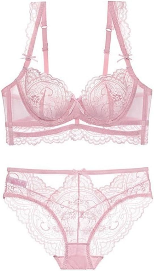Fixed Shoulder Strap Support Bra Set Thin Transparent Lace Underwear Large Breasts Small Size