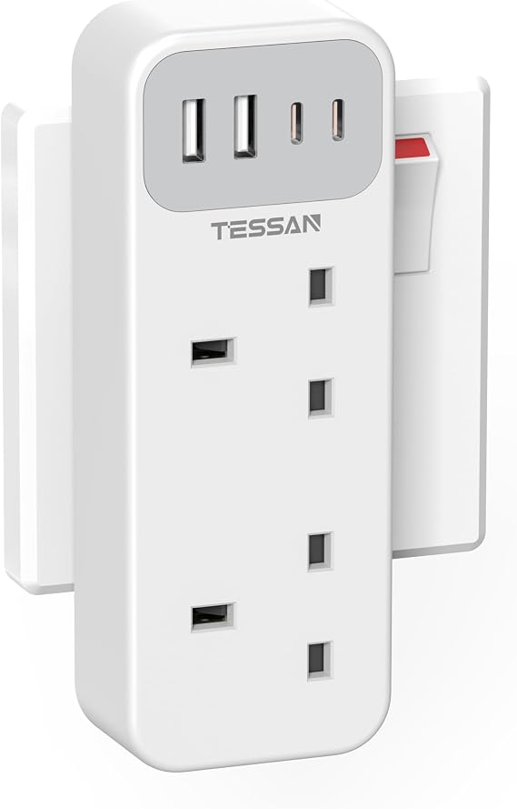 TESSAN Double Plug Adapter UK with 2 USB C, Multi Plug Extension Socket