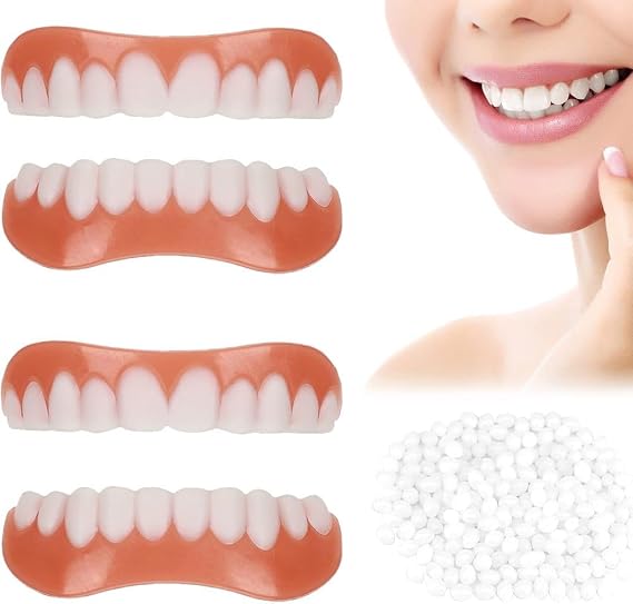 Wttfc 2 Pairs Instant Veneers Dentures Silicone Clip in Veneers Teeth Fake Teeth Veneers Top and Bottom Set, Snap on Dentures False Teeth Veneers for Teeth Whitening for Men and Women