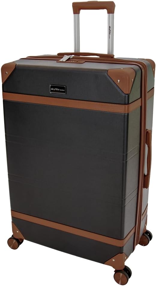 SKYFLITE Retro Trolley Case, 77 cm Large Spinner Suitcase, 90L Capacity, Pine Green/Blue/Black (Black)