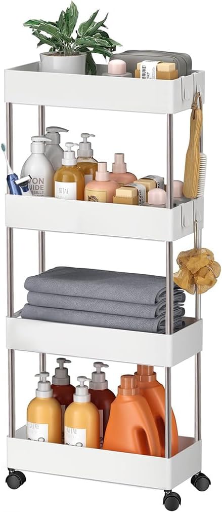 Slim Storage Trolley on Wheels Kitchen Trolleys Metal 4-Tier Trolley for Book Beauty Craft Trolleys Rolling Utility Storage Cart for Room Bathroom Office, Plastic & Stainless Steel