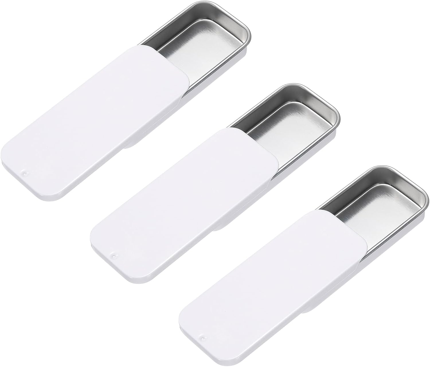 sourcing map 3Pcs Slide Top Tin Containers, Mini Metal Empty Tins Box with Sliding Lids, 3.1"x1.3"x0.4" Rectangular Storage Organizers for Lip Balm, Solid Perfume, Small Items, White