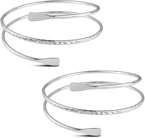 2 Pcs Upper Arm Cuff Bracelet for Girls Women, Adjustable Gold and Silver Coils Arm Band Cuff Bracelet Punk Bangle Minimalist Style Bangle Open Armlets