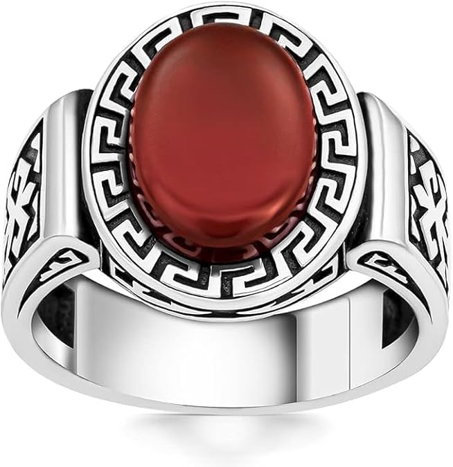 Stamped Solid 925 Sterling Silver Oval Red Agate(aqeeq) Stone Men's Ring Cool Punk Chic Exculusive Handmade Silver Jewelery Gift For Him (Z+1)