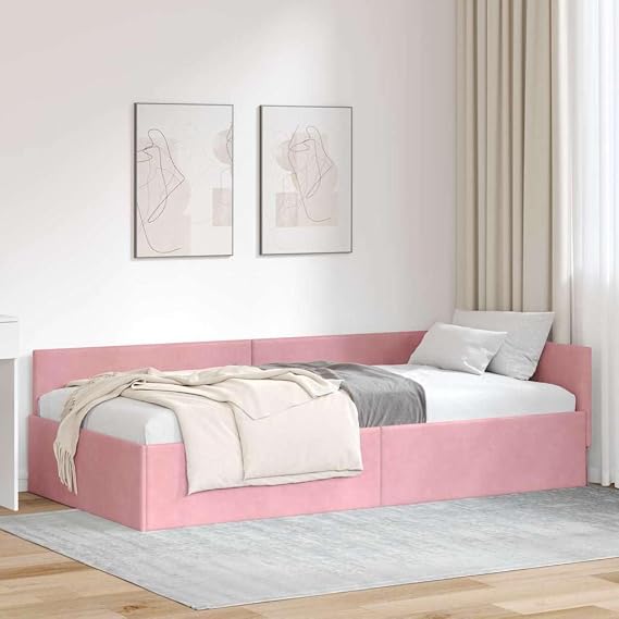 Corner Bed Frame with Headboard, Pink Velvet, 90 x 200 cm, L Shape, Space Saving Design for Bedroom, Guest Room, Modern Interior Design