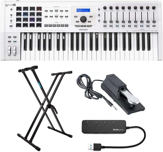 Arturia KeyLab MkII 49 Keyboard Controller White Knox Gear Stand Pedal 4 Port USB 3.0 USB Hub 4 Items