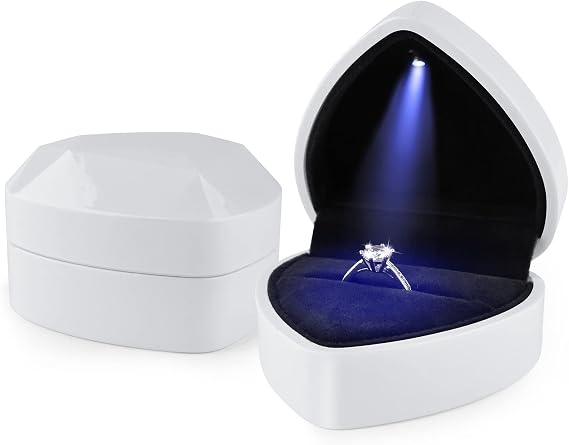 Hileyu Ring Box With Led Light Jewellery Gift Box Engagement Creative Diamond Heart Shaped Ring Box Wedding Ring Case For Proposal Engagement Wedding (White)