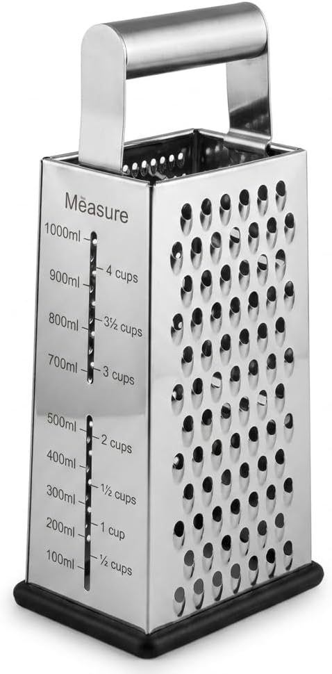 Deconox Paslanmaz Çelik Rende, Metal Kulplu 4 Yüzeyli Mutfak Rendesi, Ölçü Göstergeli ve Silikon Kaydırmaz Tabanlı Sebze Peynir Rendesi, 26,6 x 11 x 7,2 cm