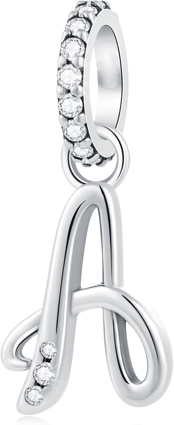 Complete Initial A-Z 26 Letter Dangle Charms, 925 Sterling Silver Dangling CZ Stone Alphabet Beads, fits European Bracelet Necklace, Gift for Mother/Dad/Daughter/Son/Sister/Birthday