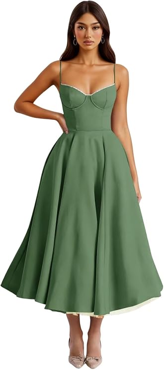 A-Line Satin Bridesmaid Dresses for Women Corset Spaghetti Straps Tea Length Ruched Formal Wedding Guest Dress
