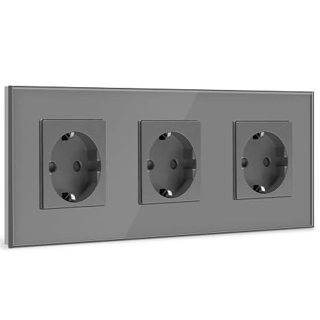 BSEED Schuko 3 Sockets Crystal Glass Plate 16 A 228 mm Grey Extension Socket Wall Socket