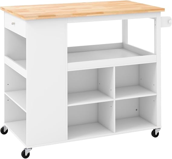 GiantexUK Kitchen Island Cart on Wheels, Mobile Storage Cabinet Cart with Rubber Wood Countertop, Drawer, Spice Racks & Towel Rack, Utility Serving Trolley for Home Dining Living Room (White Body)