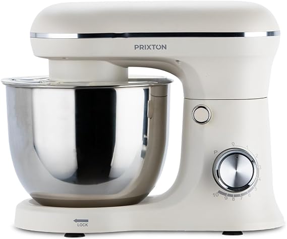 PRIXTON KR250 Pastry Mixer, Power 1500W, 10 Speed, 5 Litre Stainless Steel Bowl, 3 Accessories, Transparent Lid, Matte Cream White