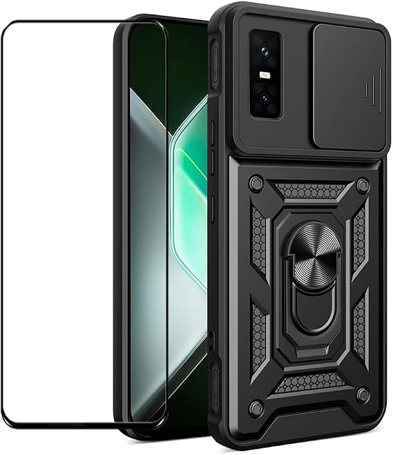 Infinix GT 30 pro 5G用ケース 強化ガラススクリーンプロテクター、スライドカメラウィンドウ、キックスタンド、耐衝撃性 傷防止 二層電話カバー、ブラック