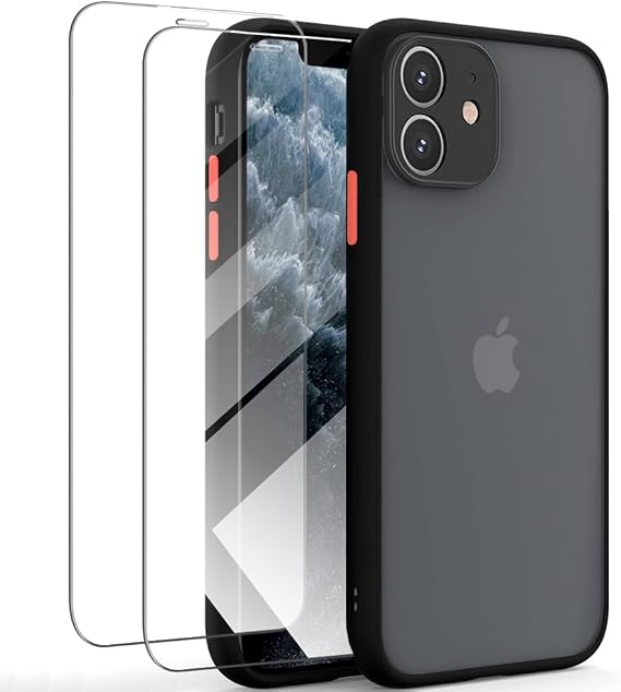 KIOMY Black Case for Phone 11 with 2pcs HD Tempered Glass Screen Protectors, Translucent Matte Protection Cover with Soft Edge, Hard PC and TPU