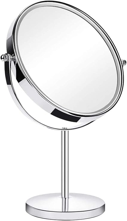 ANGNYA Double Sided Vanity Mirror 20 cm（8-Inch）, 1X and 3X Magnifying Mirror Round Freestanding Makeup Mirror for Bedroom, 360 Degree Swivel with Stainless Steel Frame