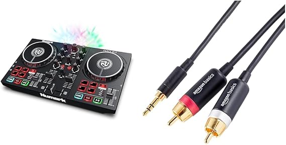Numark Party Mix II - DJ Controller with Party Lights, DJ Set with 2 Decks & Amazon Basics 3.5mm Aux to 2 RCA Adapter Audio Cable for Stereo Speaker or Subwoofer with Gold-Plated Plugs, 2.4 m
