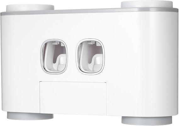 Acouto Ecoco Automatic Squeeze Toothpaste Set Wall-Mounted Toothbrush Holder with 2 Toothpaste Dispensers 4 Cups and 5 Toothbrush Slots Toiletries Storage Rack Gray HolderToo