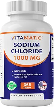 Vitamatic Sodium Chloride 1000mg   365 Tablets Electrolyte Replenisher & Hydration Support   Non-GMO, Gluten-Free