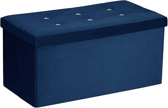 Premium Foldable Ottoman Storage Box with Padded Seat, Multipurpose Ottoman Storage Bench Velvet Footstool for Living Room, Bedroom or Hallway, Storage Box & Seat 76×38× 38cm (Navy Blue)