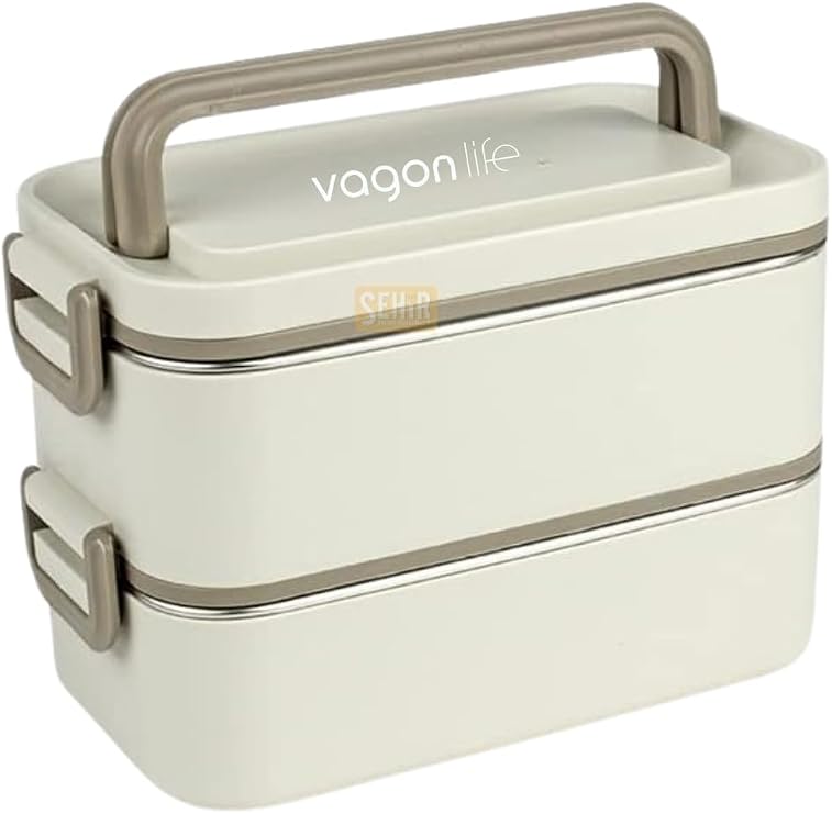 Vagonlife Bento 2000ml Lunchbox 2 Katlı 3 Bölmeli Mini Kaseli Çelik Sefer Tası Yemek Kutusu (Beyaz)