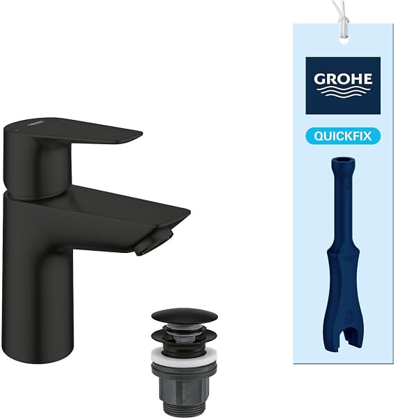 GROHE Start Edge QuickFix 239002431 Washbasin Tap Size S Smooth Body Push-Open Drain Water / Energy Saving Cartridge 28 mm QuickTool Included Matte Black
