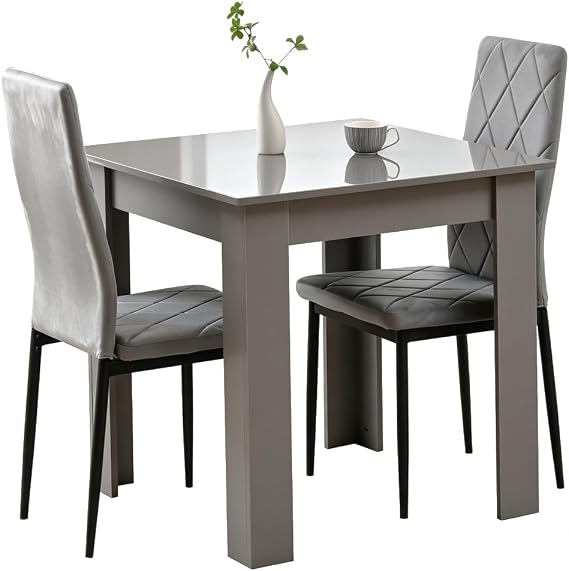 Rainbow Tree Modern 3 Piece Dining Room Table and Chairs Set, Wooden Square Table with 2 Chairs for Small Space Apartment Space Saving (Grey Table+2 Grey Argyle Velvet Chair)