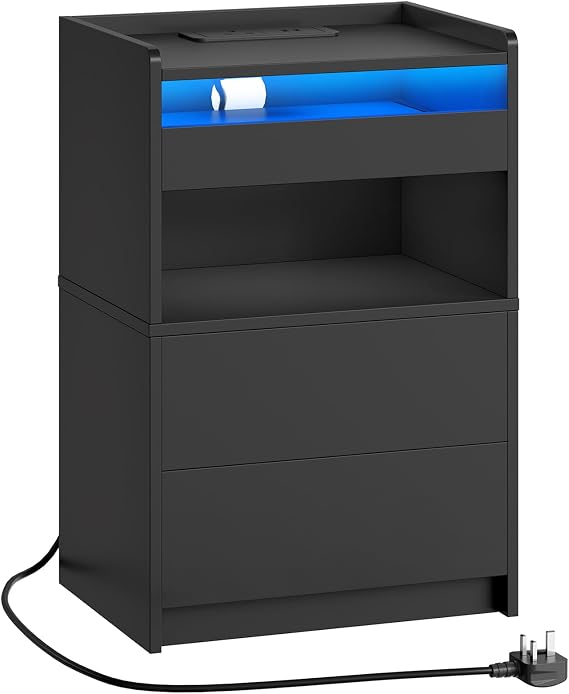 HOOBRO Bedside Table with Charging Station, End Table with 20-Color LED Lights, Nightstand with 1 AC Outlet, 2 USB Ports, 3 Drawers for Bedroom, Living Room, Study, Home Office, Black EBK328KDBZ01G1
