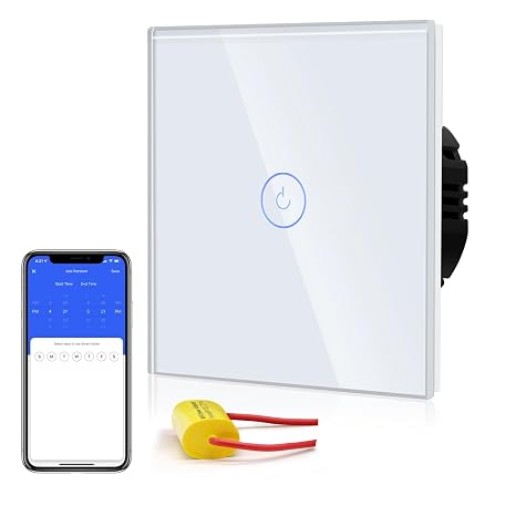 BSEED Smart WiFi Touch Light Switch, Glass Panel, Compatible with Alexa, Smart Life and Tuya (No Neutral Wire Needed), 1 Gang 1 Way, 86 mm White