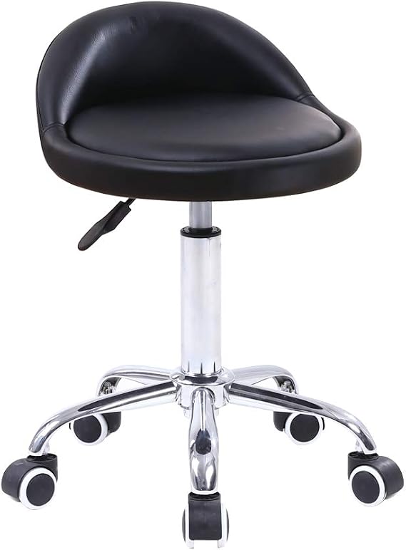 KKTONER PU Leather Round Rolling Stool with Back Rest Height Adjustable Swivel Drafting Work SPA Task Chair with Wheels (Black)