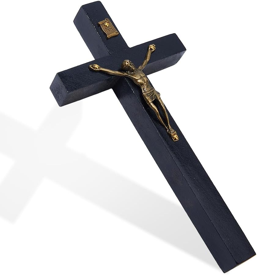 DICOSMETIC Small Wooden Wall Cross 15.1x8x2.2cm Black Wood Cross with Alloy Jesus St Benedict Crucifix Catholic Crucifix for Wall Religious Christmas Easter Gift for Home and Office Decor
