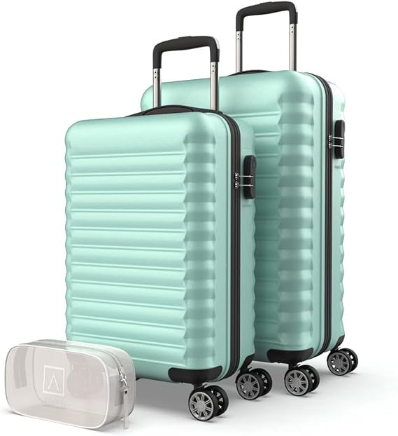 NUMADA Hard Case Set 3pcs Cabin Suitcase 53cm, Medium Suitcase 63cm and Toiletry Bag Set Travel Suitcase ABS 4 Double Wheels Heavy Duty Lightweight and Safe (Green)