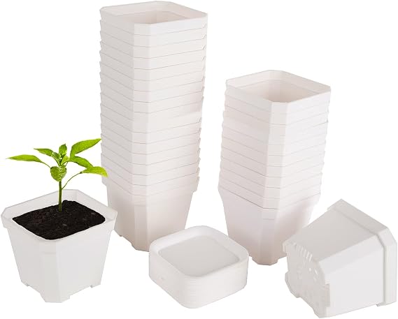 4" Nursery Pot, 30 Thick Plastic Square Flowerpot, Plant Seedling Pot, Seed Starting Pot with 30 Saucers - White