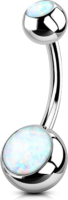 OUFER 14G Titanium Belly Bar Balls Short Extra Long Bananabells Navel Piercings Rings Double White Opal 1.6mm Barbell Belly Button Jewellery 8 10 12 14 16mm