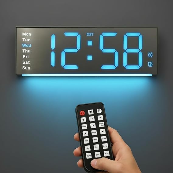 MASHI 14" Large Digital Wall Mount Clock, Digital Clock with Remote Control, Alarm, Big LED, RGB Color, DST, Temperature for Living Room Classroom Desk, Bedroom, Decor, Gift for Elderly