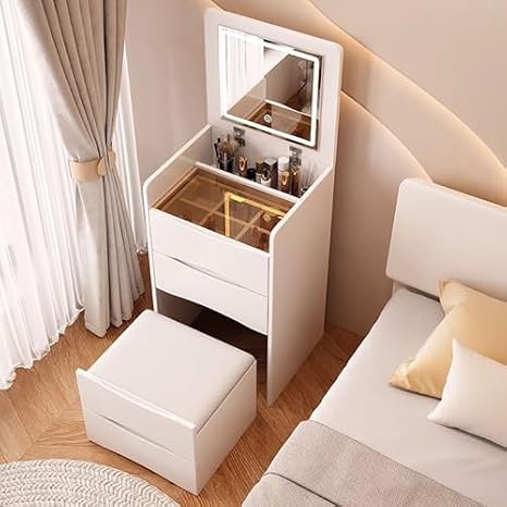 3 in 1 Dressing Table with Flip-top Mirror and Rolling Stool LED Lights Integrated Makeup，Modern LED Lighted Vanity Table with 3 Drawers & Stool - Multifunctional Makeup Desk in White Perfec