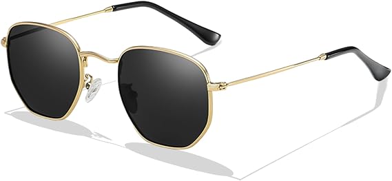 Hexagonal Sunglasses Men Women, Polarised Polygon Sunglasses Retro Square Glasses Metal Frame UV400 Protection