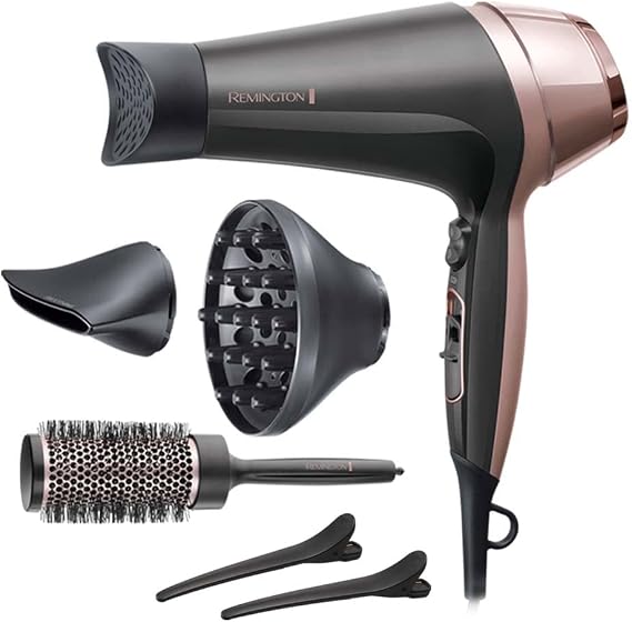 Remington Curl & Straight Confidence, 2-in-1 Straightening and Curling Dryer, Ionic, 2200 W, 2 Concentrators, 1 Diffuser and Barrel Brush, 3 Temperatures, 2 Speed, Black and Pink, D5707