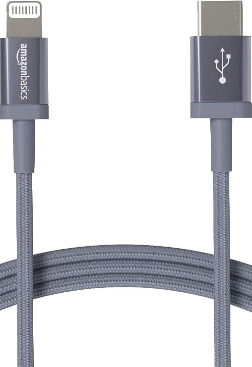 Amazon Basics MFi Certified Fast Charging USB-C to Lightning iPhone Charger Cable, Nylon Braided Cord, Compatible Charger for Apple iPhone 14 13 12 11 X Xs Pro, Pro Max, Plus, iPad, 0.9 m, Dark Gray