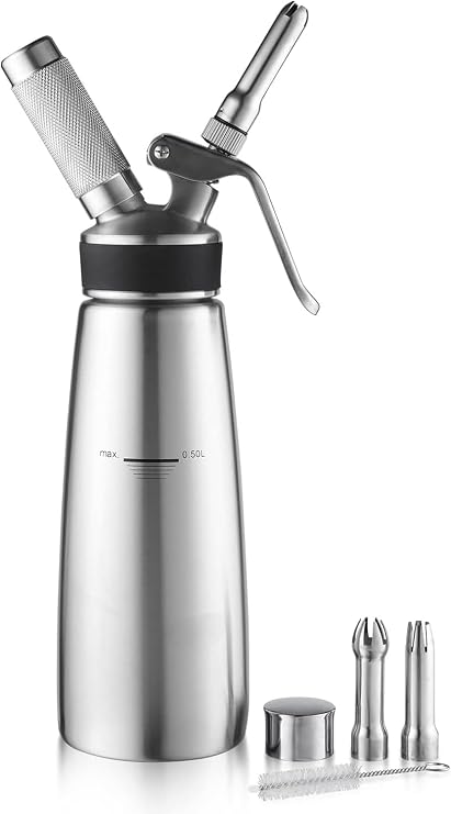 MallArt® 304 Paslanmaz Çelik Profesyonel Krema Sifonu - 3 Paslanmaz Çelik Dekorasyon Uçlu & Temizlik Fırçalı Krema Pompası, Sıcak ve Soğuk Köpük Hazırlayıcı Şantiyer, Gümüş (500 ml)
